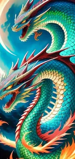 Two vibrant dragons in teal and fiery colors form a stunning fantasy wallpaper.