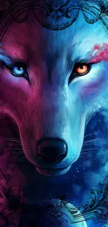 Vibrant wolf art with contrasting eye colors on mobile wallpaper.