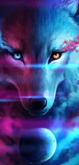 Colorful cosmic wolf with dual-colored eyes.