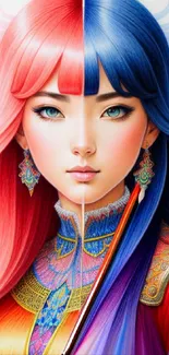 Vibrant artwork of a woman with dual-colored hair in red and blue hues.