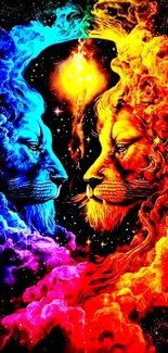 Vibrant cosmic lion artwork in dual colors for mobile wallpaper.