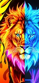 Vibrant dual lion wallpaper with fiery and icy colors.