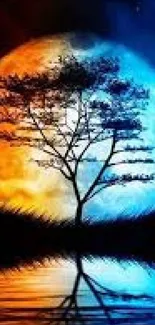 Orange and blue dual moon with tree silhouette wallpaper.