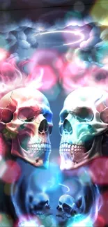 Vibrant dual skulls with neon colors.