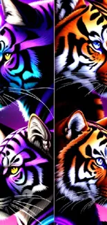 Colorful wallpaper featuring artistic neon tigers.