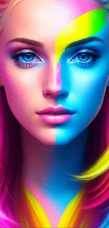 Vibrant dual-tone artistic portrait with bright colors and electric hues.