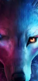 Vibrant dual-toned wolf illustration with blue and pink hues.