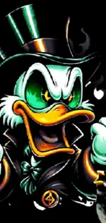 Cartoon duck character with vibrant colors and bold graphic design in a dynamic pose.