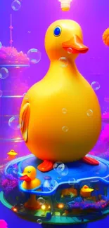 Whimsical wallpaper featuring a giant yellow duck with vibrant neon colors and bubbles.