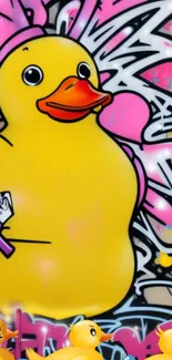 Colorful graffiti mural featuring a large yellow duck with pink accents.