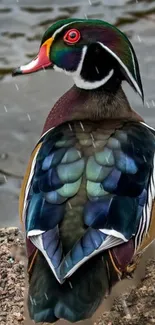 Wood duck with vibrant plumage by water, raindrops falling.