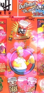 Colorful Duff Beer themed mobile wallpaper with cartoon characters.