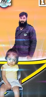 Vibrant wallpaper with man and child on colorful background.