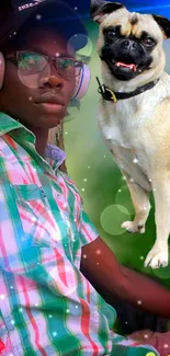 A young person with a dog in a colorful, vibrant mobile wallpaper.