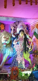 Vibrant depiction of Goddess Durga with colorful attire and traditional elements.