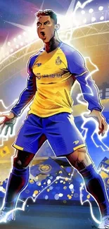 Dynamic soccer illustration with vibrant colors and a stadium backdrop.