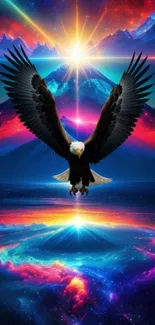 Majestic eagle soaring in a vibrant galaxy-themed landscape wallpaper.