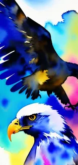 Majestic eagles in vibrant watercolor art on mobile wallpaper.