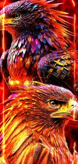 Vibrant eagle artwork with red and orange feathers on mobile wallpaper.