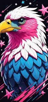 Vibrant eagle illustration with pink, blue, and white colors on a dark background.