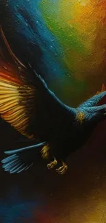Vibrant eagle flying with colorful background.