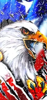 Fierce eagle with raindrops on vibrant red, white, and blue background.