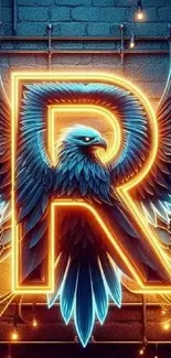 Colorful neon eagle with glowing wings.