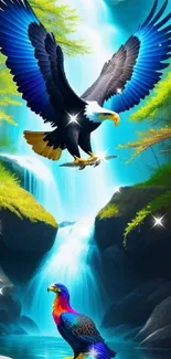 Majestic eagles soaring over a waterfall with vibrant colors and a clear sky.