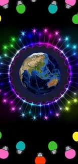 Vibrant wallpaper of Earth with neon lights.