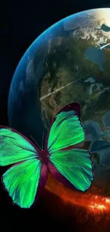 Green butterfly over planet Earth wallpaper design.