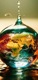 Earth encapsulated in a water droplet with vibrant colors.