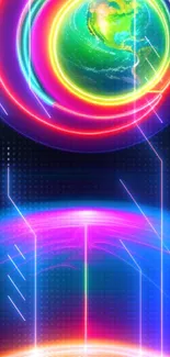 Mobile wallpaper with neon energy and Earth glowing brightly.