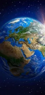 View of Earth from space with a glowing sun.