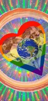 Colorful heart with Earth surrounded by cosmic rainbow.