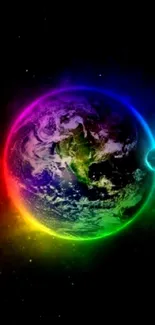 Colorful Earth with neon aura glowing on a black background.