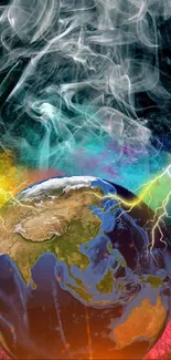 Dynamic wallpaper of Earth with lightning and colorful smoke.