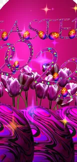 Vibrant Easter 2023 wallpaper with magenta tulips and decorated eggs.