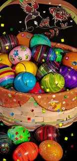 Vibrant Easter basket with painted eggs in warm colors.