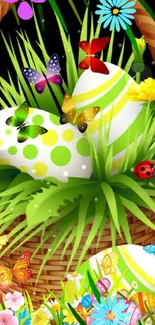 Easter basket with colorful eggs, butterflies, and spring flowers.