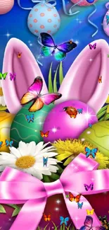 Colorful Easter wallpaper with bunny ears and decorated eggs.