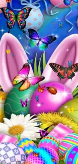 Colorful Easter wallpaper with butterflies and eggs.