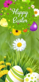 Colorful Easter wallpaper with eggs and flowers.