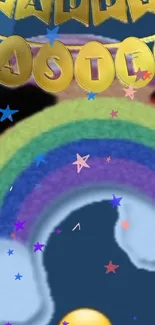 Happy Easter with stars and rainbow background.