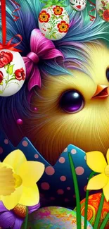 Cute Easter chick with colorful decorations and flowers.