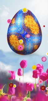 Ornate Easter egg with tulips in a scenic mountain background.