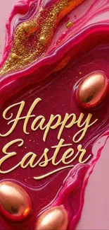 Vibrant Easter wallpaper with pink swirls and eggs.
