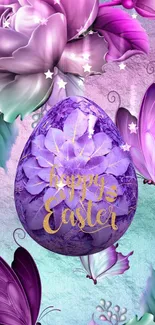 Purple Easter egg with flowers and butterflies wallpaper.