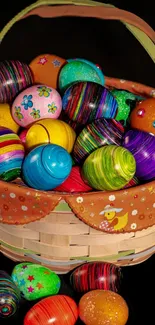 A basket of vibrant and colorful Easter eggs, perfect for festive mobile wallpaper.
