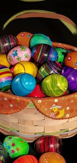 Colorful Easter eggs in a decorated basket.