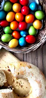 Colorful Easter eggs in a wicker basket with bread on a wooden surface.